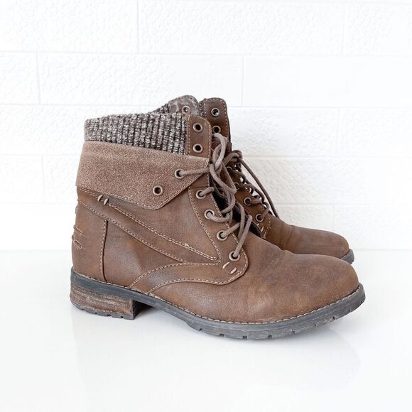 Chelsee Girl Womens Boots Knit Lined Mid Heel Winter Ankle Lace Up Brown Size 9 - Picture 1 of 9